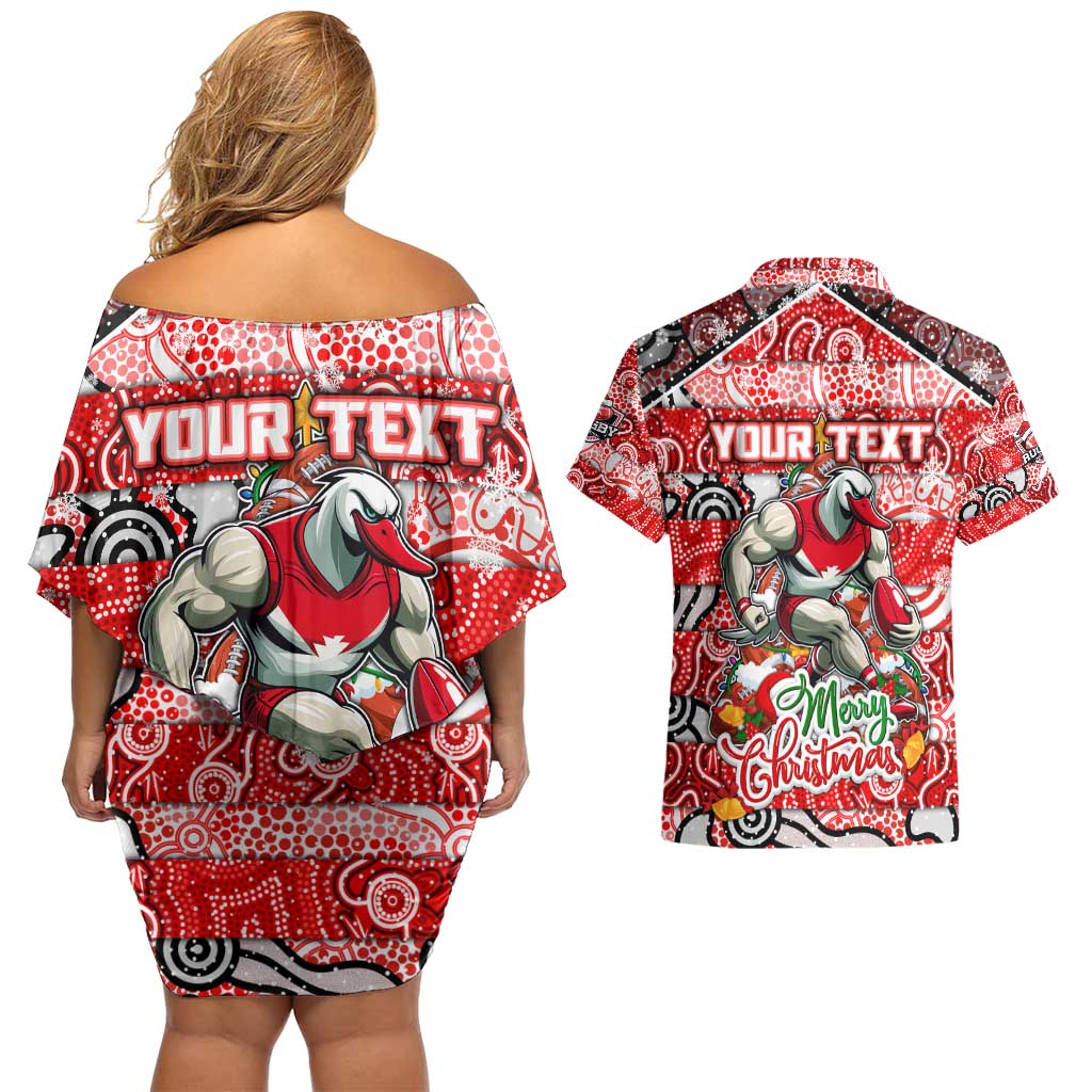 Custom Swans Rugby Merry Christmas Couples Matching Off Shoulder Short Dress and Hawaiian Shirt Indigenous Australian Art