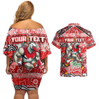 Custom Swans Rugby Merry Christmas Couples Matching Off Shoulder Short Dress and Hawaiian Shirt Indigenous Australian Art