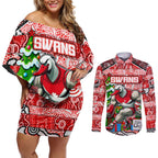 Custom Swans Rugby Merry Christmas Couples Matching Off Shoulder Short Dress and Long Sleeve Button Shirt Indigenous Australian Art