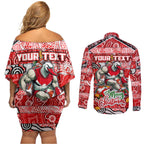 Custom Swans Rugby Merry Christmas Couples Matching Off Shoulder Short Dress and Long Sleeve Button Shirt Indigenous Australian Art