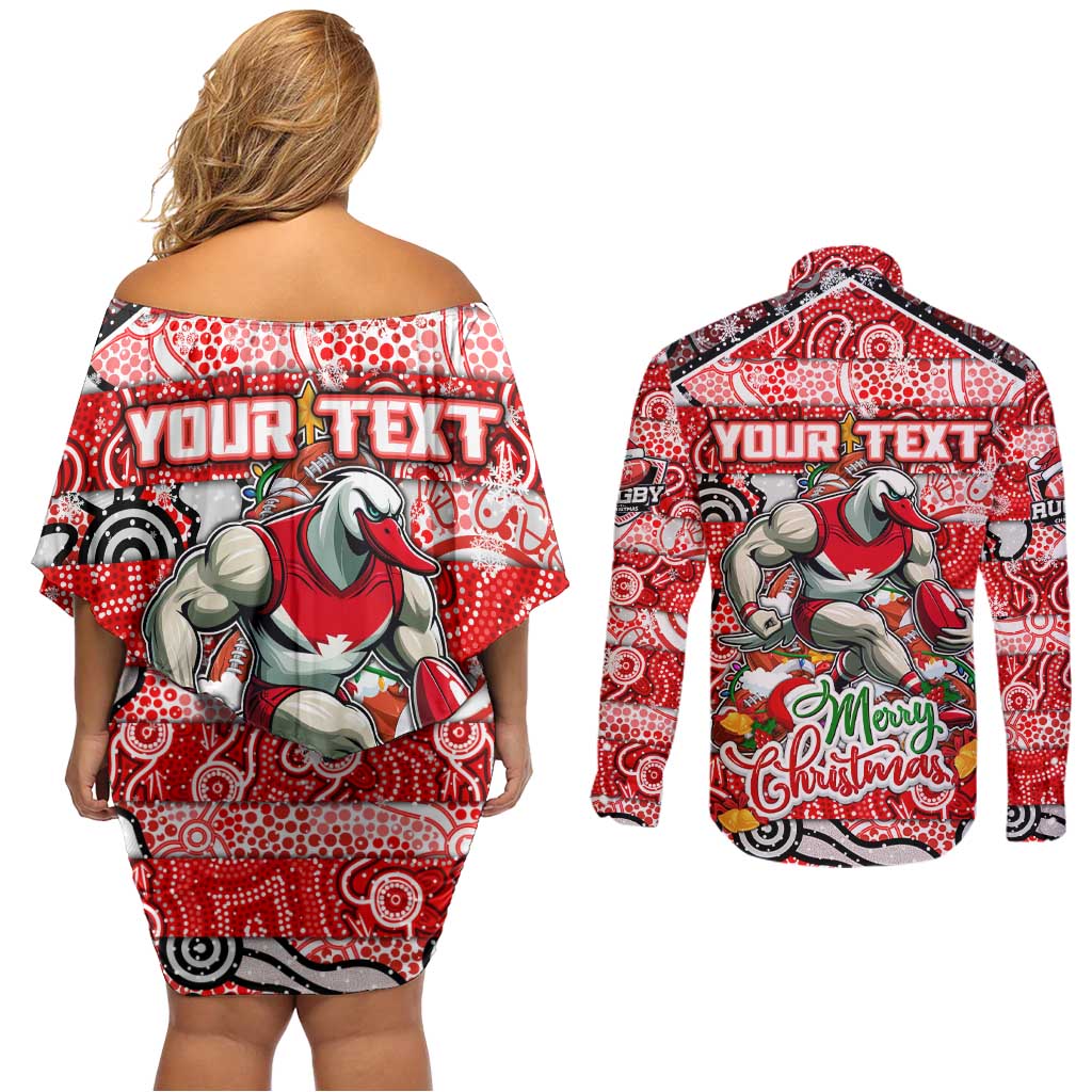 Custom Swans Rugby Merry Christmas Couples Matching Off Shoulder Short Dress and Long Sleeve Button Shirt Indigenous Australian Art