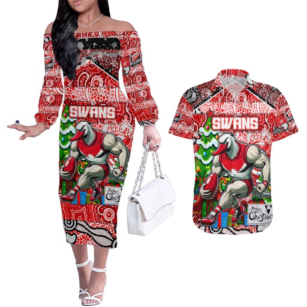 Custom Swans Rugby Merry Christmas Couples Matching Off The Shoulder Long Sleeve Dress and Hawaiian Shirt Indigenous Australian Art