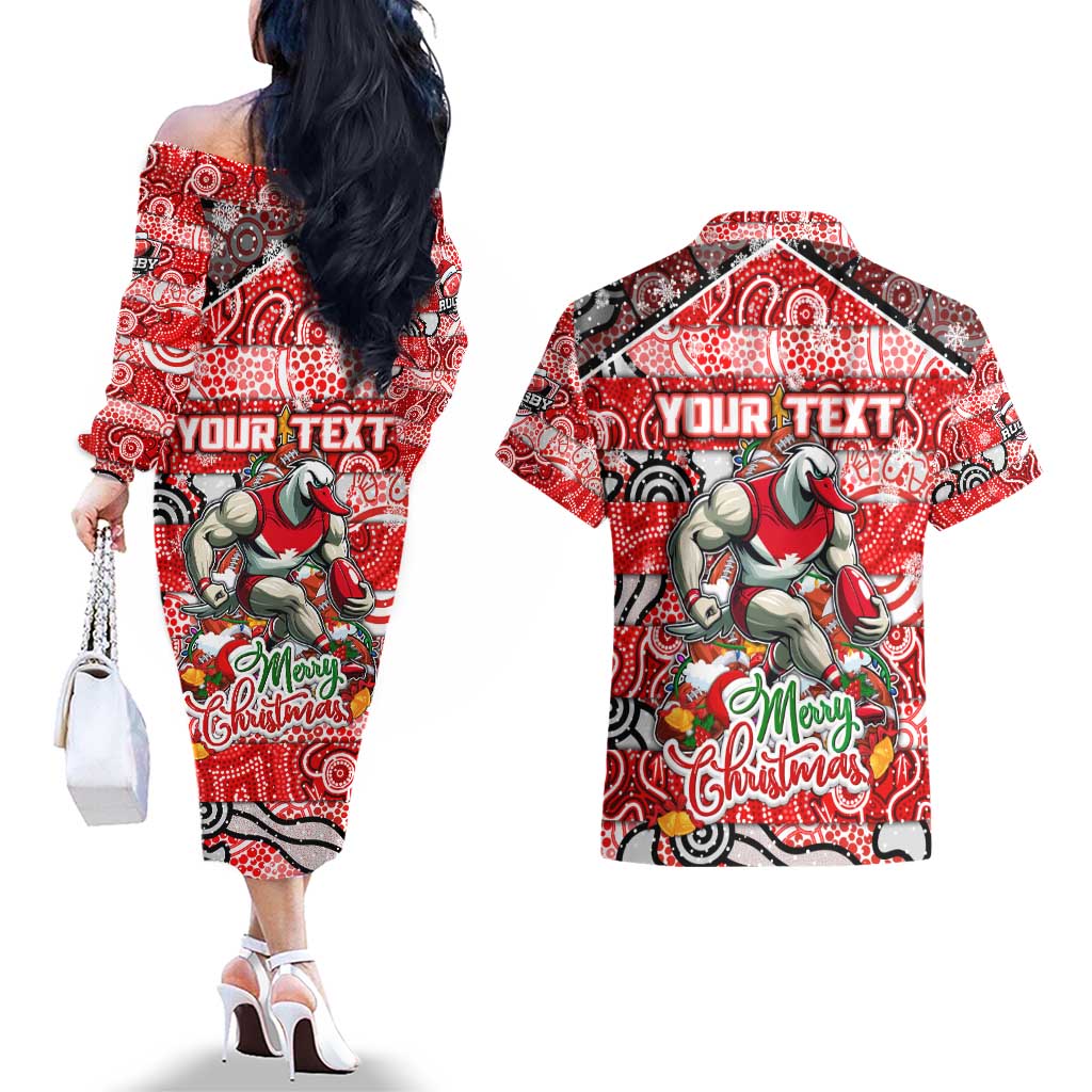 Custom Swans Rugby Merry Christmas Couples Matching Off The Shoulder Long Sleeve Dress and Hawaiian Shirt Indigenous Australian Art