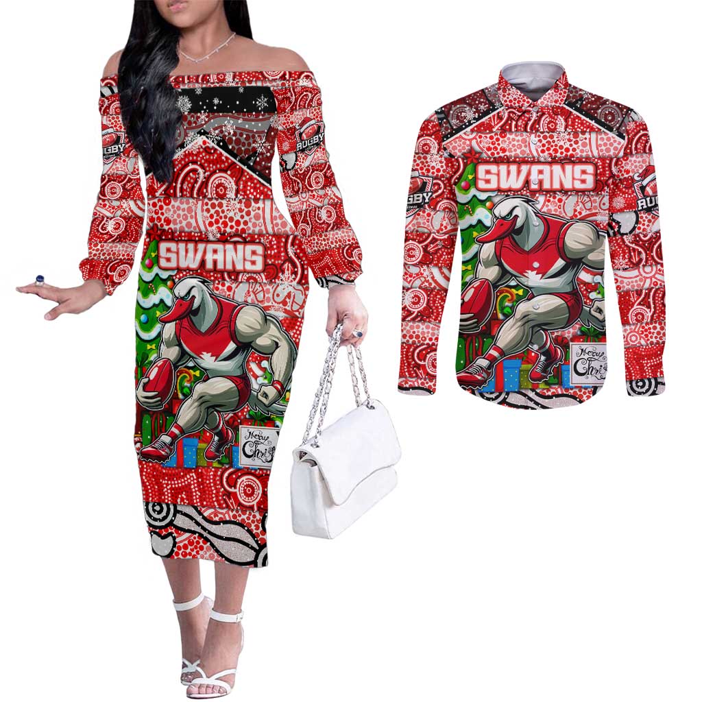 Custom Swans Rugby Merry Christmas Couples Matching Off The Shoulder Long Sleeve Dress and Long Sleeve Button Shirt Indigenous Australian Art