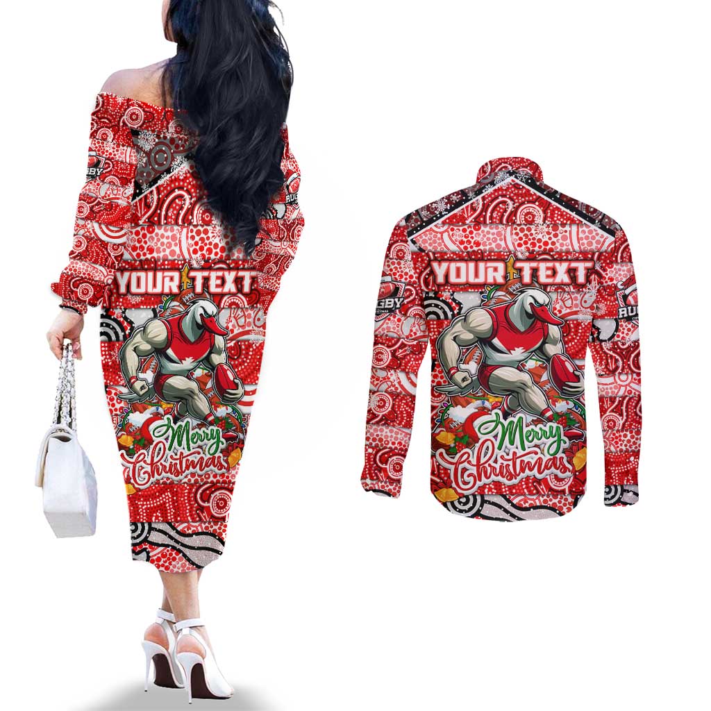 Custom Swans Rugby Merry Christmas Couples Matching Off The Shoulder Long Sleeve Dress and Long Sleeve Button Shirt Indigenous Australian Art