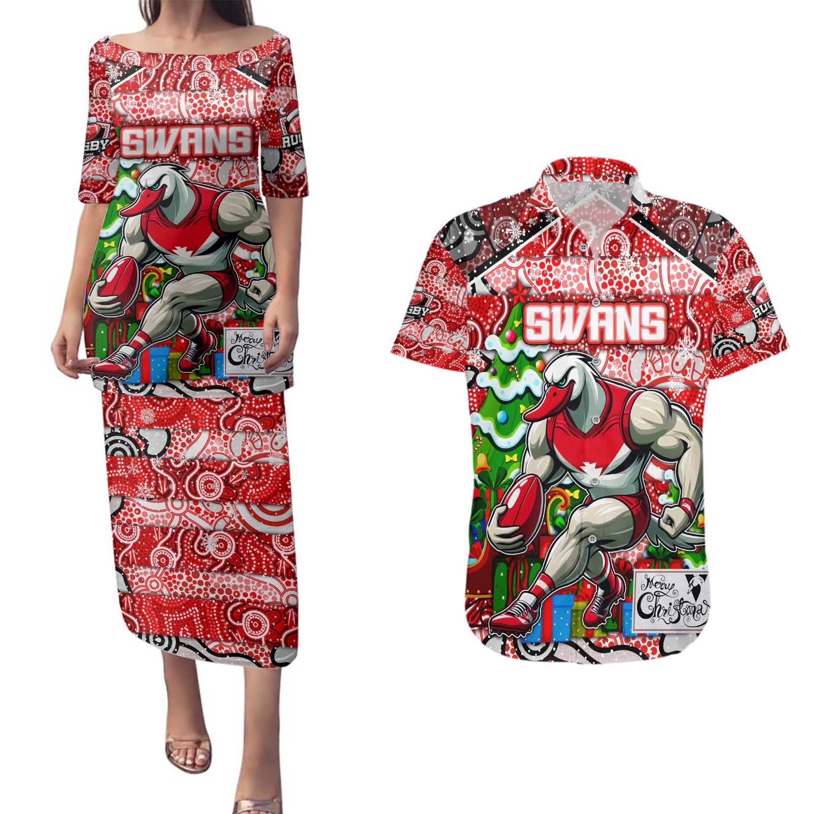 Custom Swans Rugby Merry Christmas Couples Matching Puletasi and Hawaiian Shirt Indigenous Australian Art