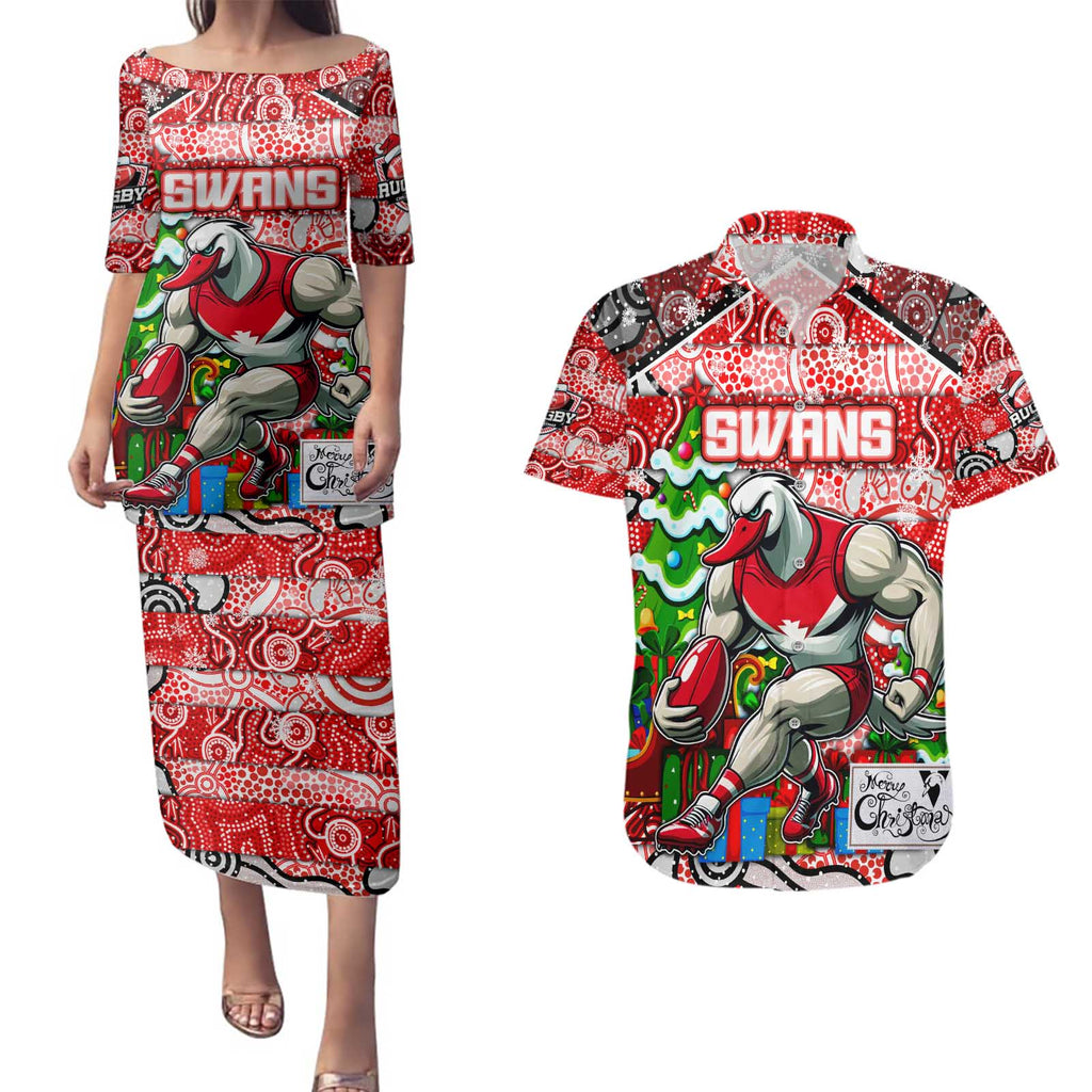 Custom Swans Rugby Merry Christmas Couples Matching Puletasi and Hawaiian Shirt Indigenous Australian Art