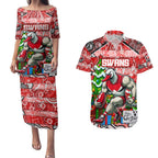 Custom Swans Rugby Merry Christmas Couples Matching Puletasi and Hawaiian Shirt Indigenous Australian Art