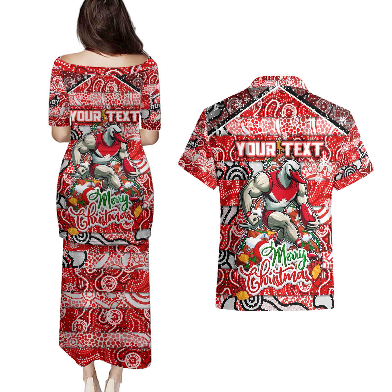 Custom Swans Rugby Merry Christmas Couples Matching Puletasi and Hawaiian Shirt Indigenous Australian Art