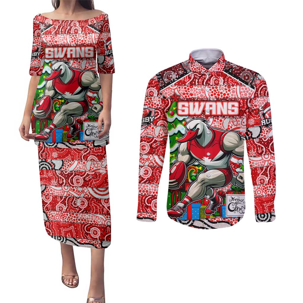 Custom Swans Rugby Merry Christmas Couples Matching Puletasi and Long Sleeve Button Shirt Indigenous Australian Art