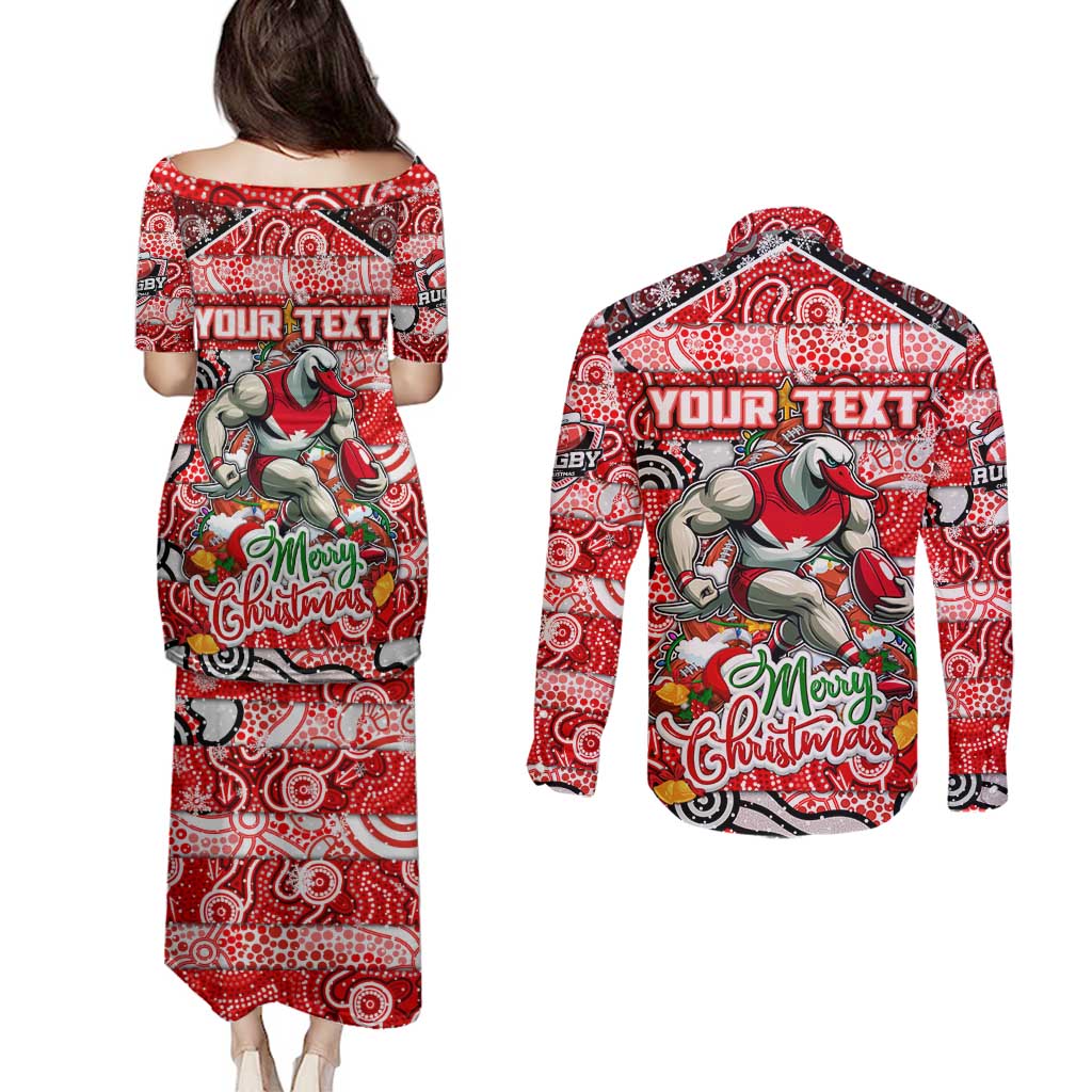Custom Swans Rugby Merry Christmas Couples Matching Puletasi and Long Sleeve Button Shirt Indigenous Australian Art
