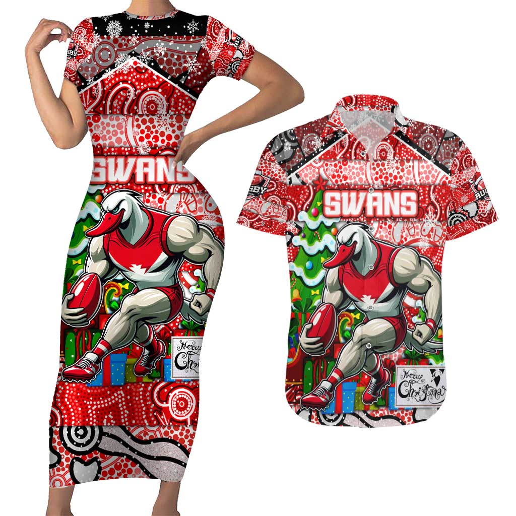 Custom Swans Rugby Merry Christmas Couples Matching Short Sleeve Bodycon Dress and Hawaiian Shirt Indigenous Australian Art