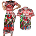 Custom Swans Rugby Merry Christmas Couples Matching Short Sleeve Bodycon Dress and Hawaiian Shirt Indigenous Australian Art