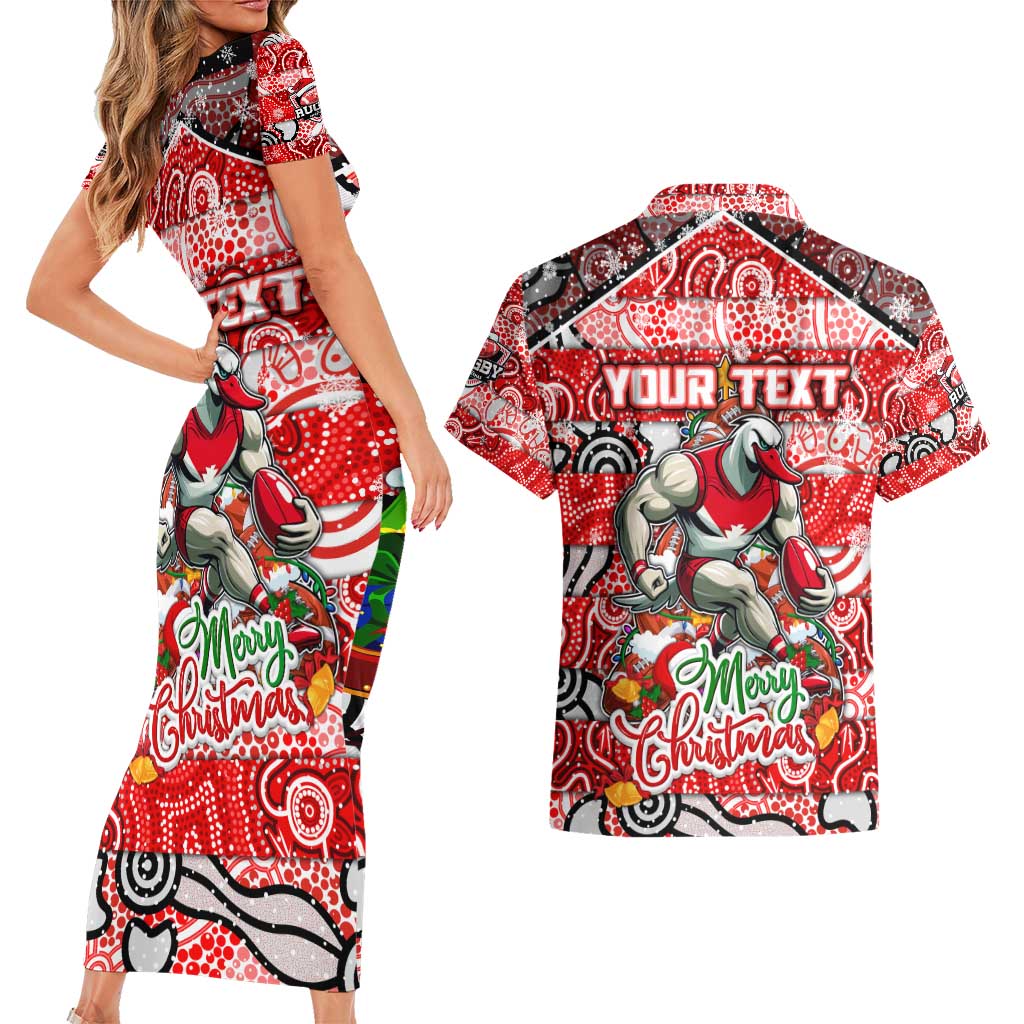 Custom Swans Rugby Merry Christmas Couples Matching Short Sleeve Bodycon Dress and Hawaiian Shirt Indigenous Australian Art