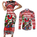 Custom Swans Rugby Merry Christmas Couples Matching Short Sleeve Bodycon Dress and Long Sleeve Button Shirt Indigenous Australian Art