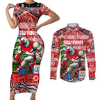 Custom Swans Rugby Merry Christmas Couples Matching Short Sleeve Bodycon Dress and Long Sleeve Button Shirt Indigenous Australian Art