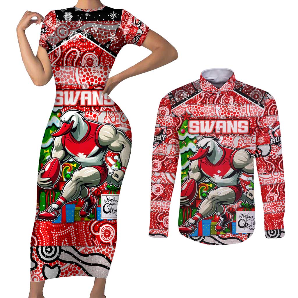 Custom Swans Rugby Merry Christmas Couples Matching Short Sleeve Bodycon Dress and Long Sleeve Button Shirt Indigenous Australian Art