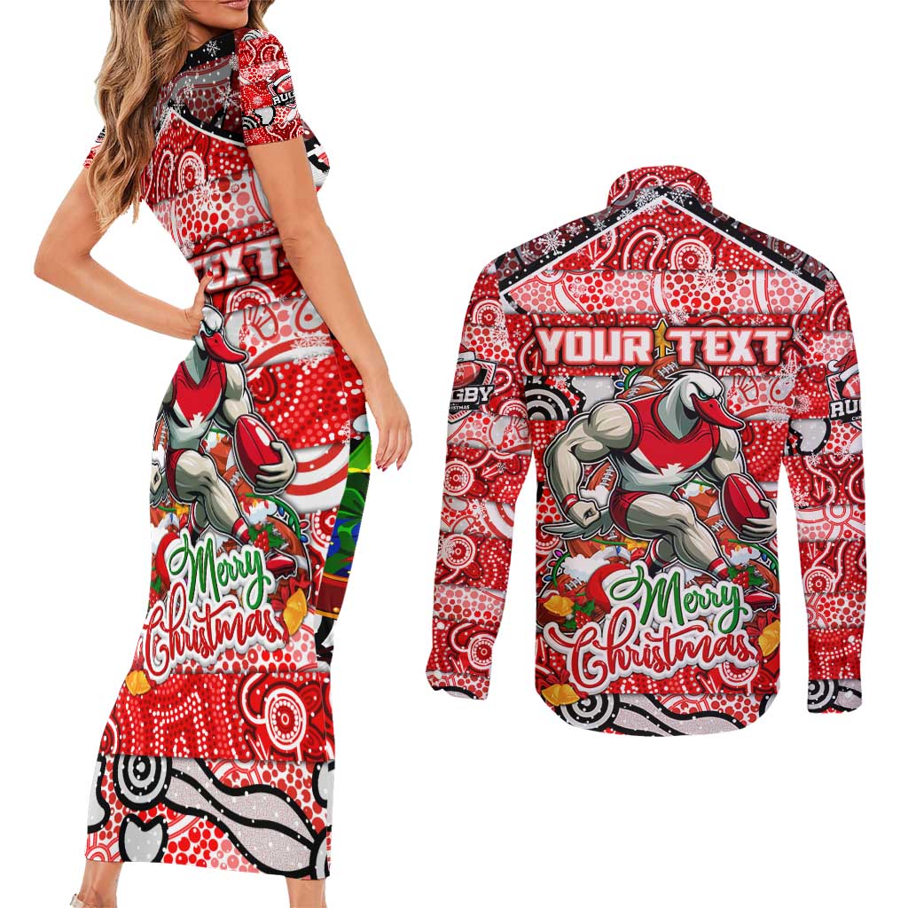 Custom Swans Rugby Merry Christmas Couples Matching Short Sleeve Bodycon Dress and Long Sleeve Button Shirt Indigenous Australian Art