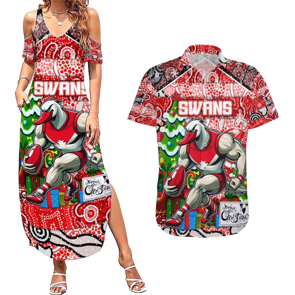 Custom Swans Rugby Merry Christmas Couples Matching Summer Maxi Dress and Hawaiian Shirt Indigenous Australian Art