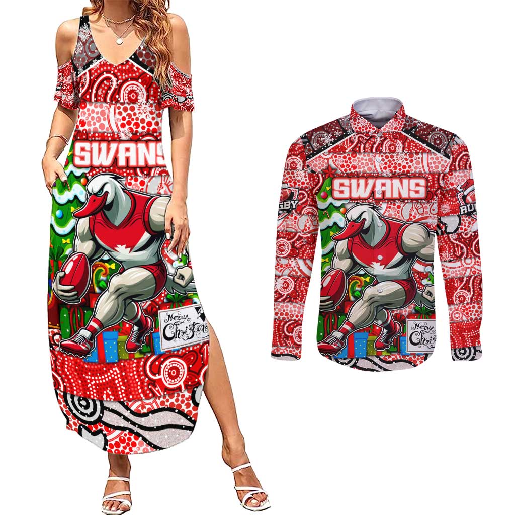 Custom Swans Rugby Merry Christmas Couples Matching Summer Maxi Dress and Long Sleeve Button Shirt Indigenous Australian Art