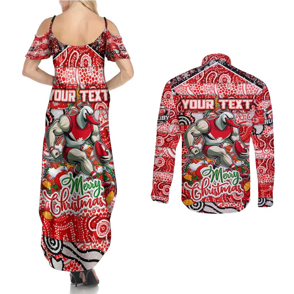 Custom Swans Rugby Merry Christmas Couples Matching Summer Maxi Dress and Long Sleeve Button Shirt Indigenous Australian Art