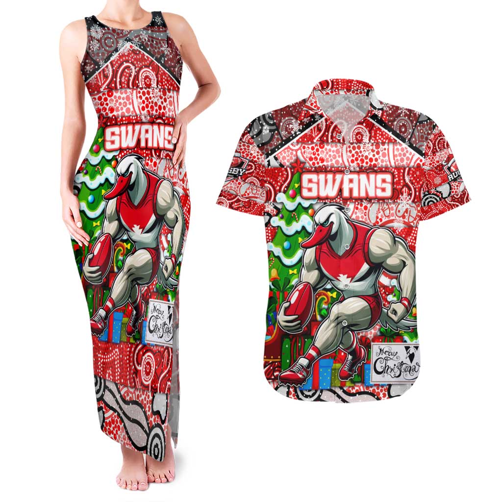 Custom Swans Rugby Merry Christmas Couples Matching Tank Maxi Dress and Hawaiian Shirt Indigenous Australian Art