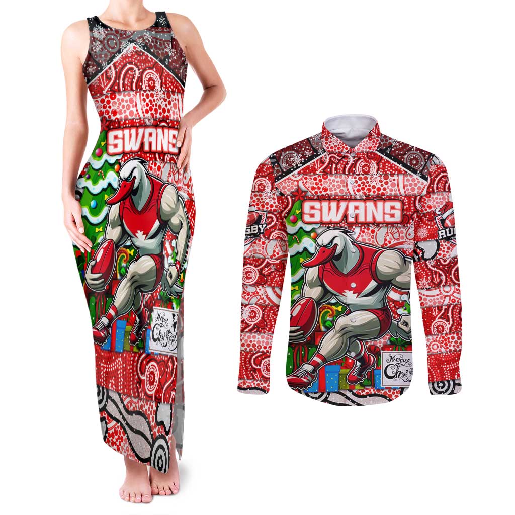Custom Swans Rugby Merry Christmas Couples Matching Tank Maxi Dress and Long Sleeve Button Shirt Indigenous Australian Art