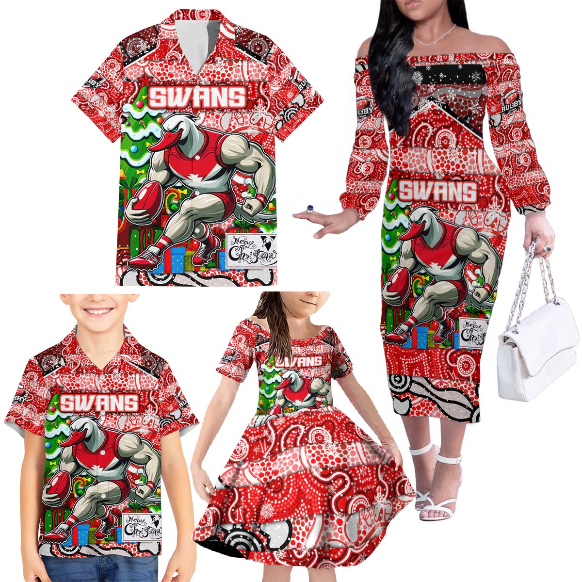 Custom Swans Rugby Merry Christmas Family Matching Off The Shoulder Long Sleeve Dress and Hawaiian Shirt Indigenous Australian Art