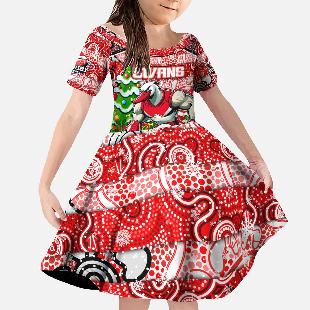 Custom Swans Rugby Merry Christmas Family Matching Off The Shoulder Long Sleeve Dress and Hawaiian Shirt Indigenous Australian Art