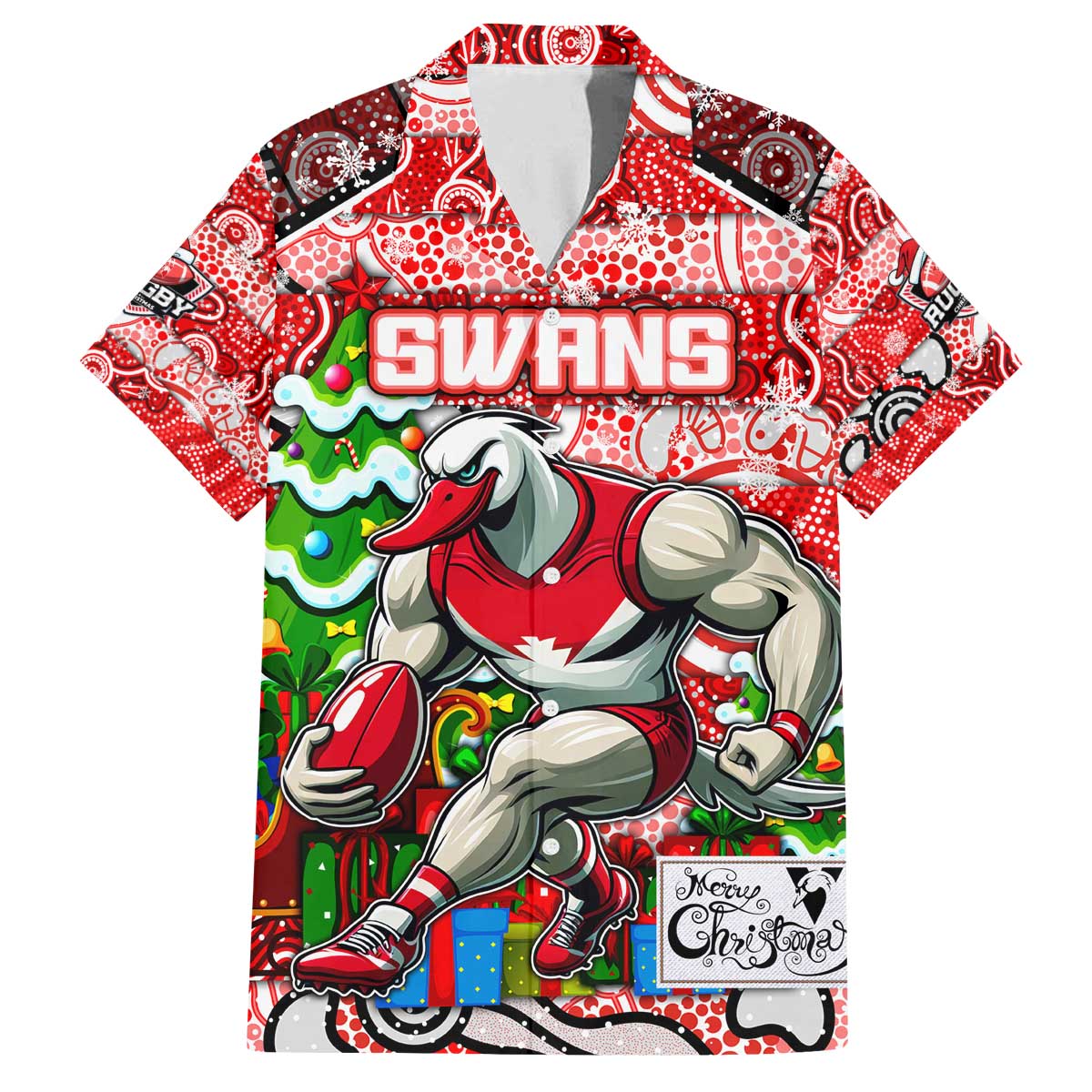 Custom Swans Rugby Merry Christmas Family Matching Off The Shoulder Long Sleeve Dress and Hawaiian Shirt Indigenous Australian Art