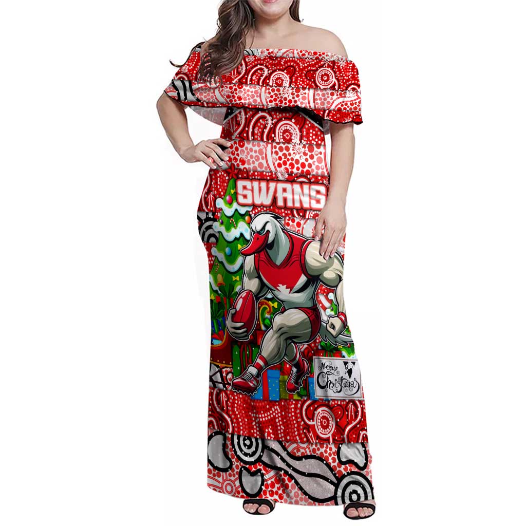 Custom Swans Rugby Merry Christmas Family Matching Off Shoulder Maxi Dress and Hawaiian Shirt Indigenous Australian Art