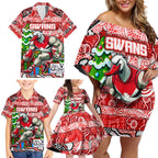 Custom Swans Rugby Merry Christmas Family Matching Off Shoulder Short Dress and Hawaiian Shirt Indigenous Australian Art