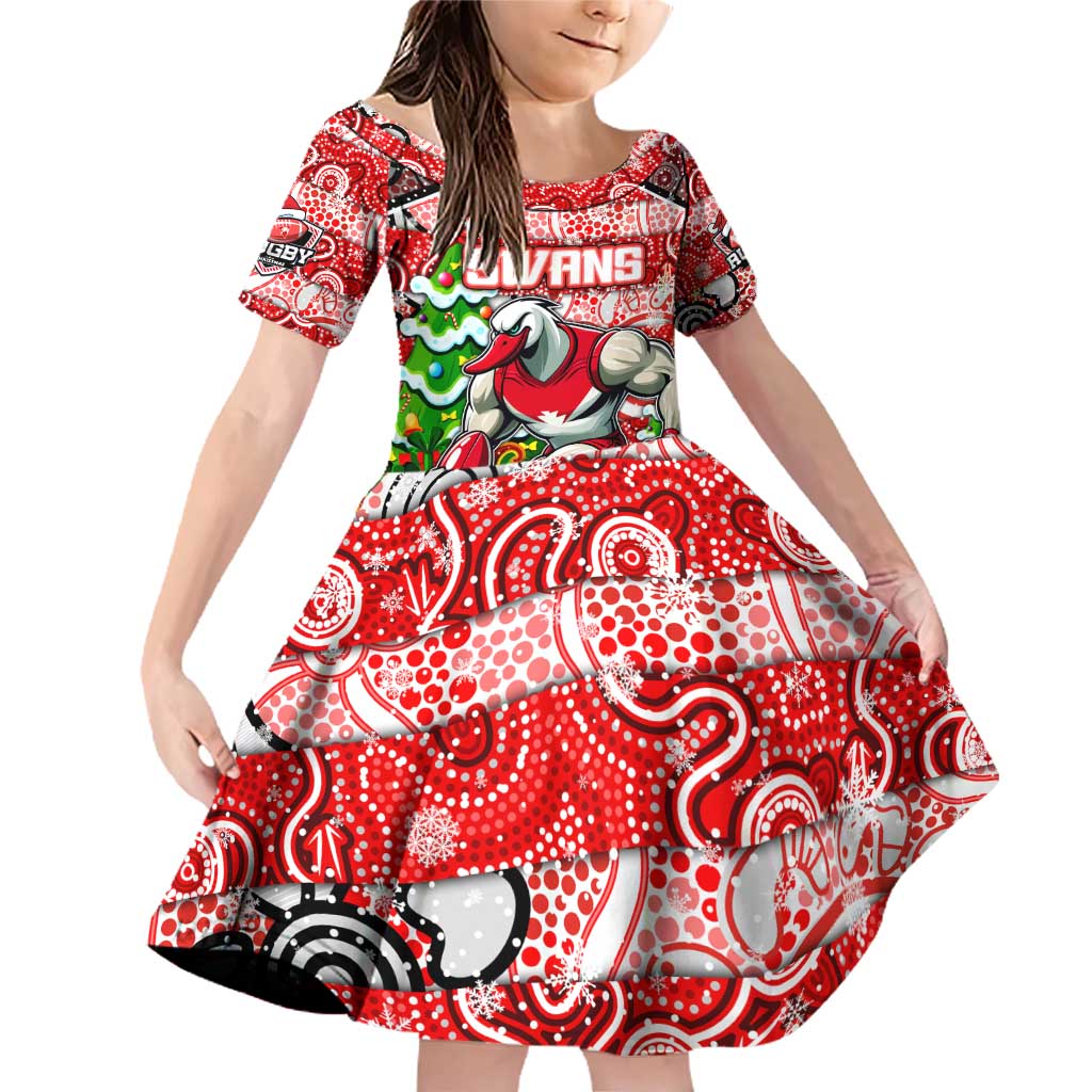 Custom Swans Rugby Merry Christmas Family Matching Off Shoulder Short Dress and Hawaiian Shirt Indigenous Australian Art