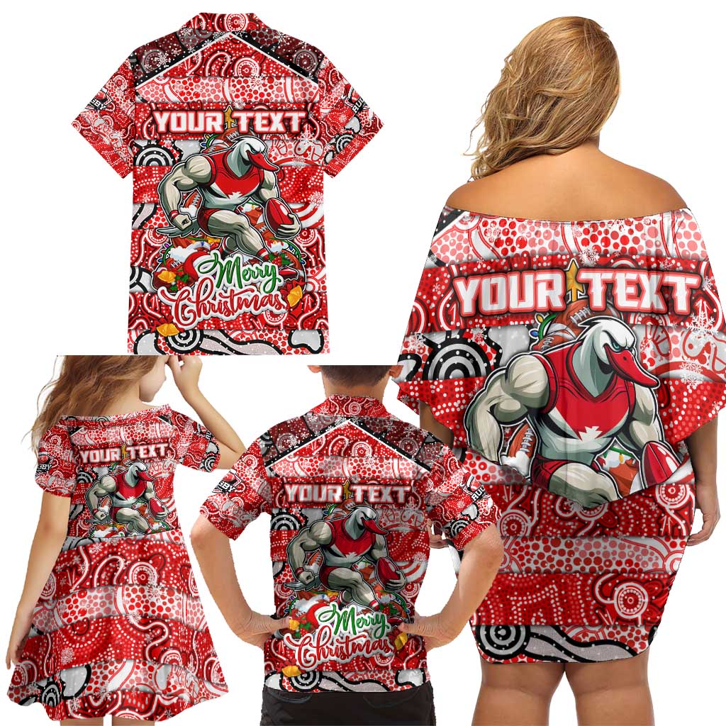 Custom Swans Rugby Merry Christmas Family Matching Off Shoulder Short Dress and Hawaiian Shirt Indigenous Australian Art
