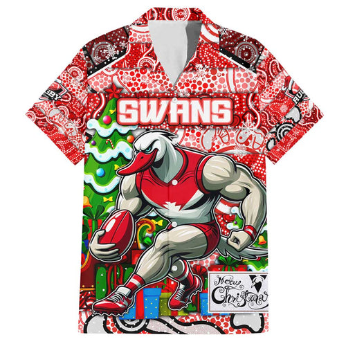 Custom Swans Rugby Merry Christmas Family Matching Off Shoulder Short Dress and Hawaiian Shirt Indigenous Australian Art