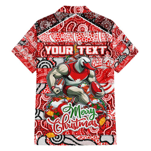 Custom Swans Rugby Merry Christmas Family Matching Off Shoulder Short Dress and Hawaiian Shirt Indigenous Australian Art