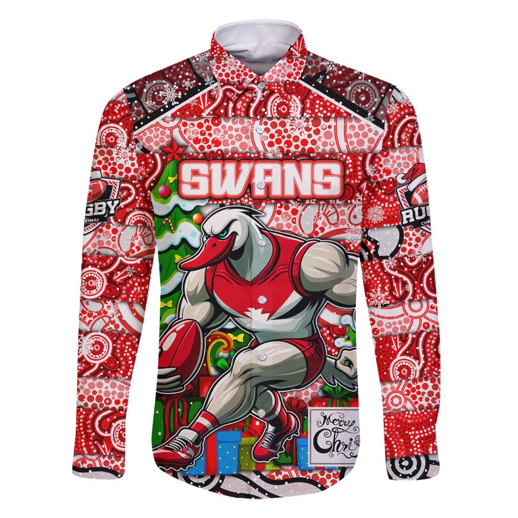 Custom Swans Rugby Merry Christmas Family Matching Off Shoulder Short Dress and Hawaiian Shirt Indigenous Australian Art