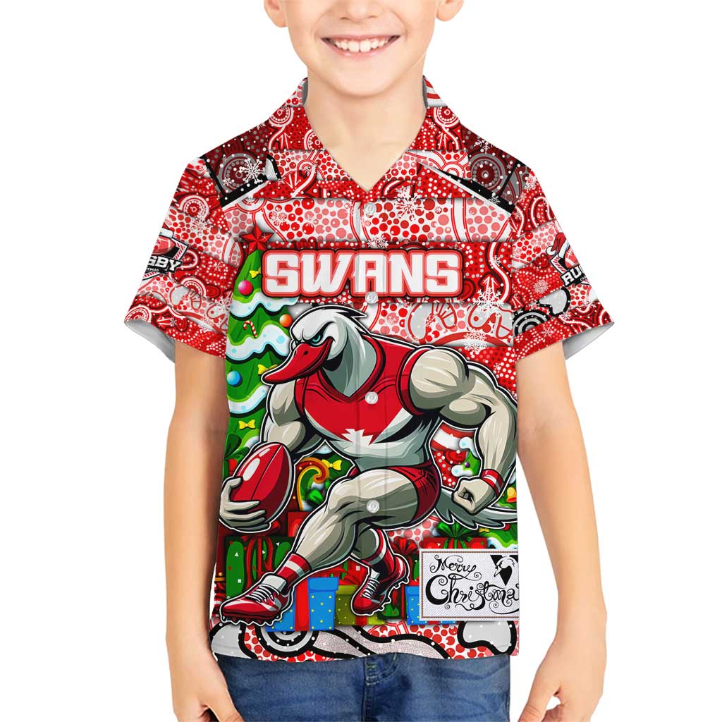 Custom Swans Rugby Merry Christmas Family Matching Off Shoulder Short Dress and Hawaiian Shirt Indigenous Australian Art