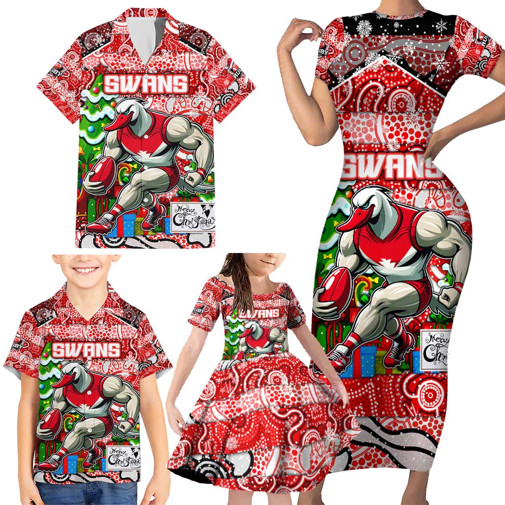 Custom Swans Rugby Merry Christmas Family Matching Short Sleeve Bodycon Dress and Hawaiian Shirt Indigenous Australian Art