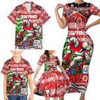 Custom Swans Rugby Merry Christmas Family Matching Short Sleeve Bodycon Dress and Hawaiian Shirt Indigenous Australian Art