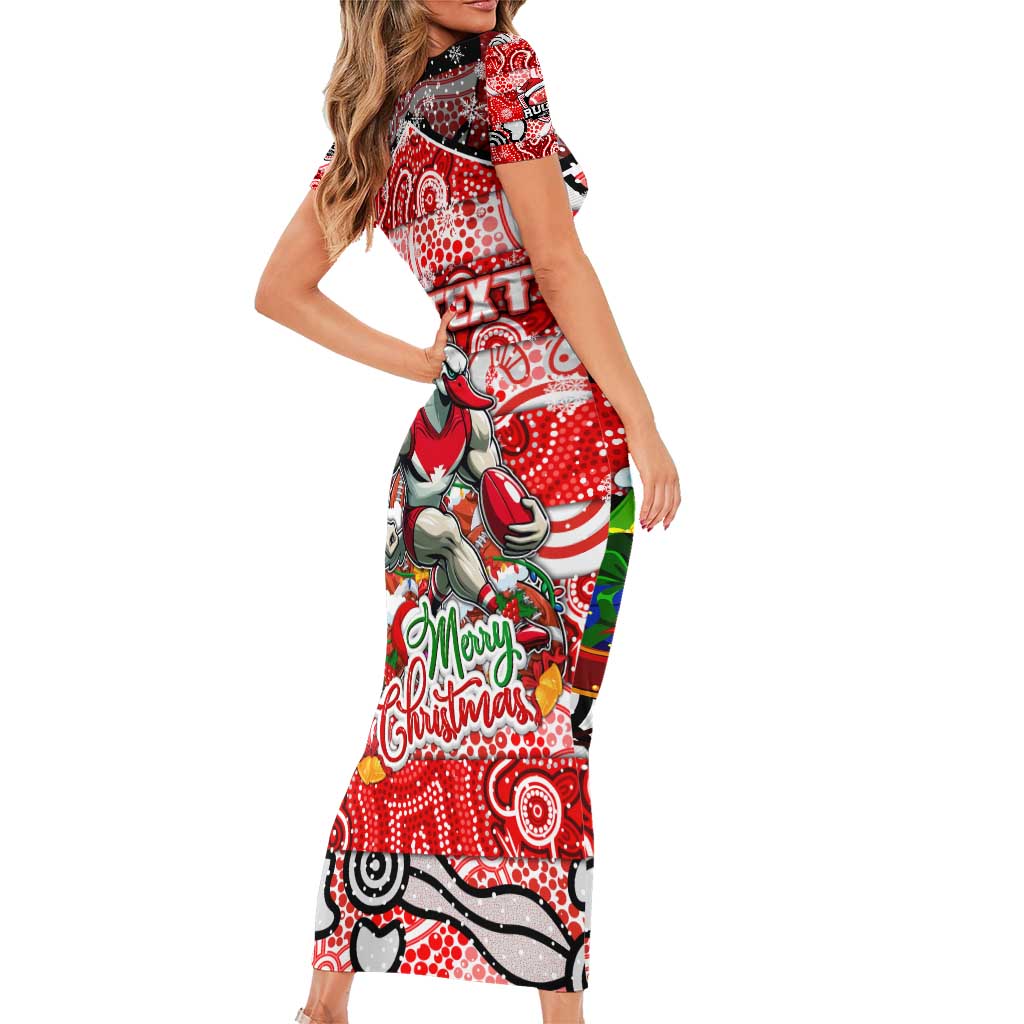 Custom Swans Rugby Merry Christmas Family Matching Short Sleeve Bodycon Dress and Hawaiian Shirt Indigenous Australian Art