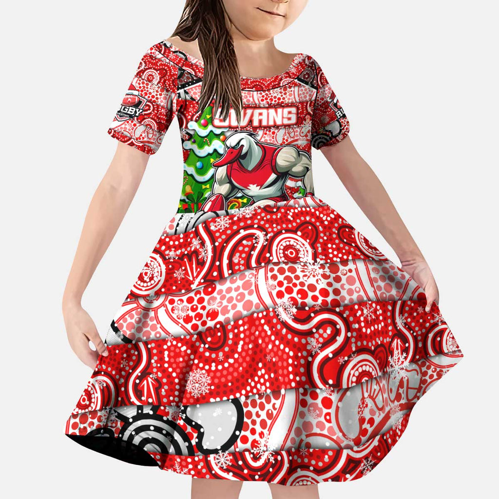 Custom Swans Rugby Merry Christmas Kid Short Sleeve Dress Indigenous Australian Art