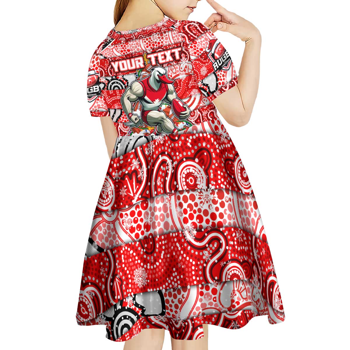 Custom Swans Rugby Merry Christmas Kid Short Sleeve Dress Indigenous Australian Art