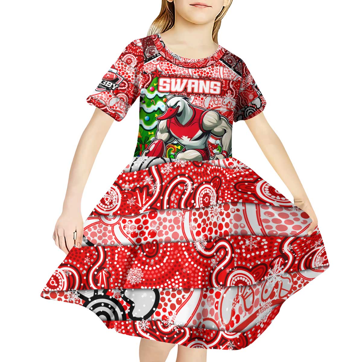 Custom Swans Rugby Merry Christmas Kid Short Sleeve Dress Indigenous Australian Art