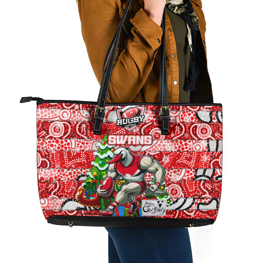 Swans Football Merry Christmas Leather Tote Bag Indigenous Australian Art