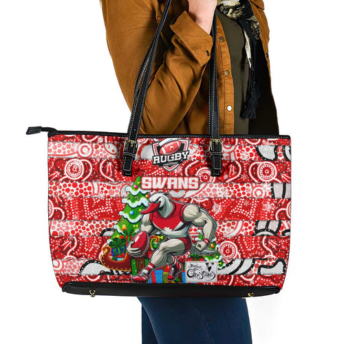 Swans Football Merry Christmas Leather Tote Bag Indigenous Australian Art