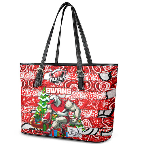 Swans Football Merry Christmas Leather Tote Bag Indigenous Australian Art