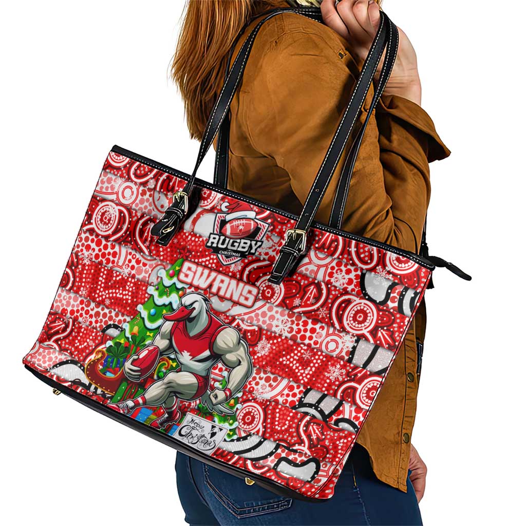 Swans Football Merry Christmas Leather Tote Bag Indigenous Australian Art