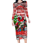 Custom Swans Rugby Merry Christmas Long Sleeve Bodycon Dress Indigenous Australian Art