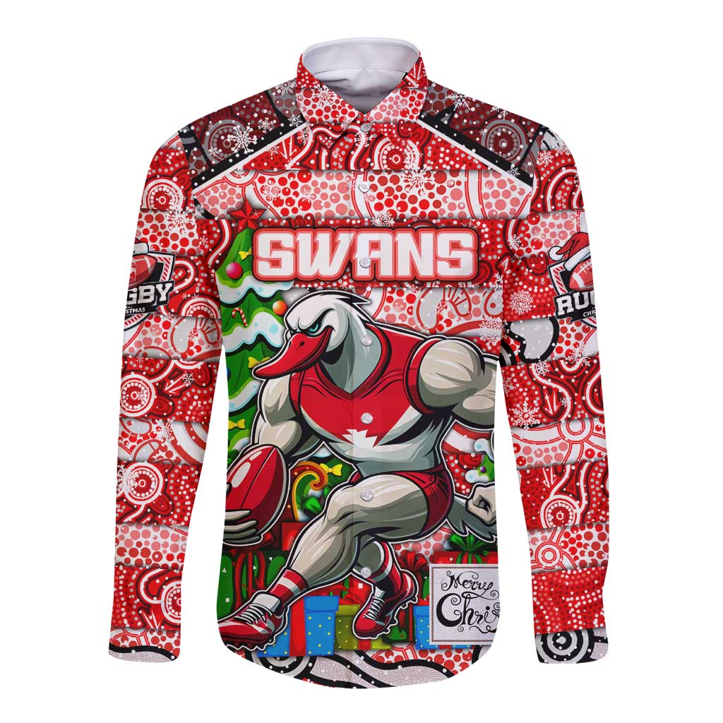 Custom Swans Rugby Merry Christmas Long Sleeve Button Shirt Indigenous Australian Art